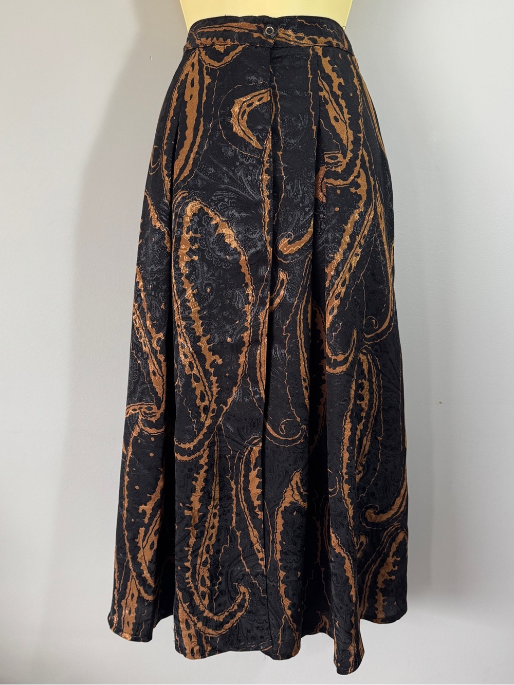 Vintage Bianca Paisley Button-Front Midi Skirt Black Bronze Pockets Sz 12 US 6-8